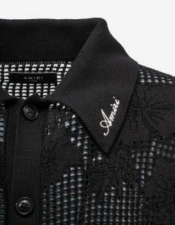 Promo ❤️ Amiri Black Floral Open Knit Polo 👕 Shirt Clothing 🤩 19 Amiri Black Floral Open Knit Polo Shirt Clothing