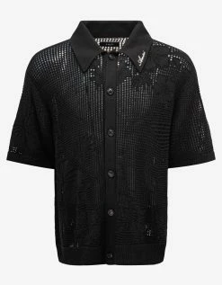 Amiri Black Floral Open Knit Polo Shirt Clothing