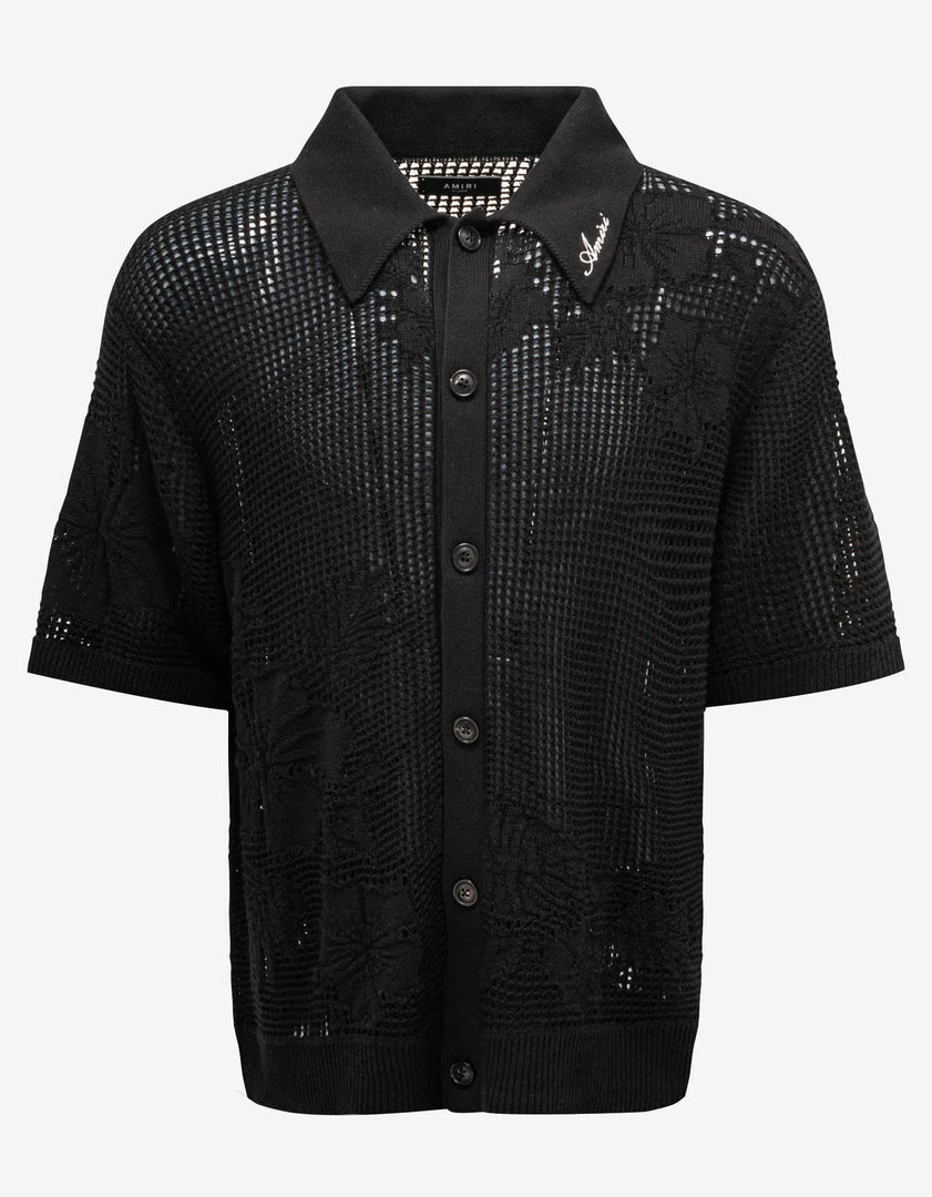 Promo ❤️ Amiri Black Floral Open Knit Polo 👕 Shirt Clothing 🤩 3 Amiri Black Floral Open Knit Polo Shirt Clothing