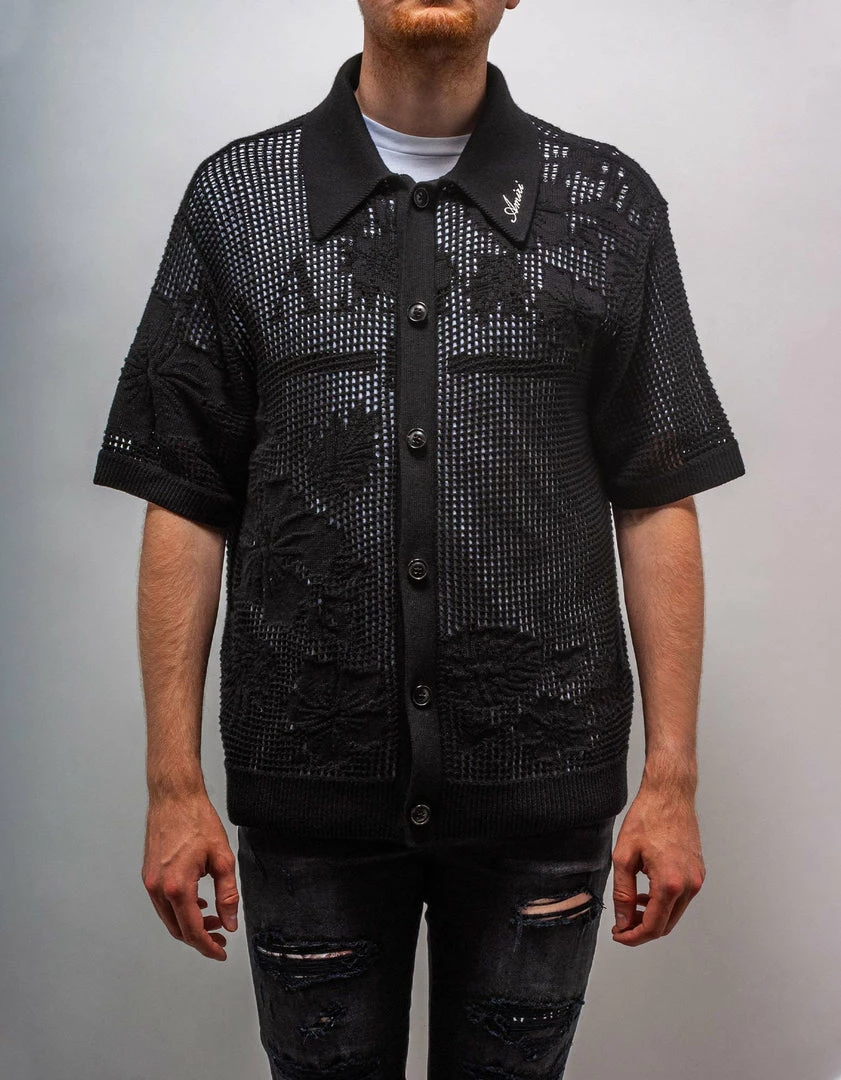 Promo ❤️ Amiri Black Floral Open Knit Polo 👕 Shirt Clothing 🤩 6 Amiri Black Floral Open Knit Polo Shirt Clothing