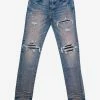 Amiri MX1 Clay Indigo Leather Insert Distressed Skinny Jeans