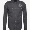 Balmain Grey Denim Logo Print Military Shirt