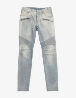 Balmain Light Blue Faded Biker Jeans Clothing