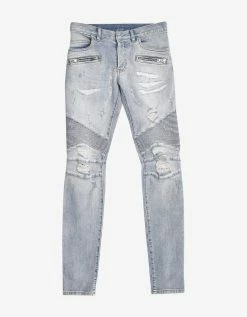 Balmain Clothing Light Blue Repaired Biker Jeans