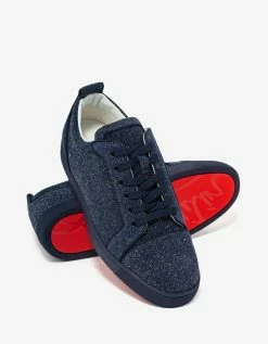 Christian Louboutin Louis Junior Orlato Blue Glittered Suede Trainers New Arrivals