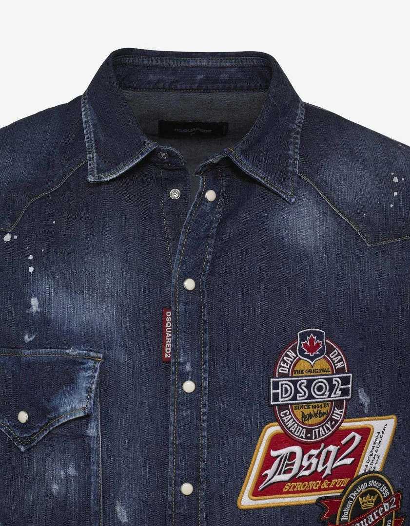 Hot Sale 🛒 Dsquared2 Clothing Distressed Denim 👕 Shirt With Badges 👍 8 Dsquared2 Clothing Distressed Denim Shirt With Badges