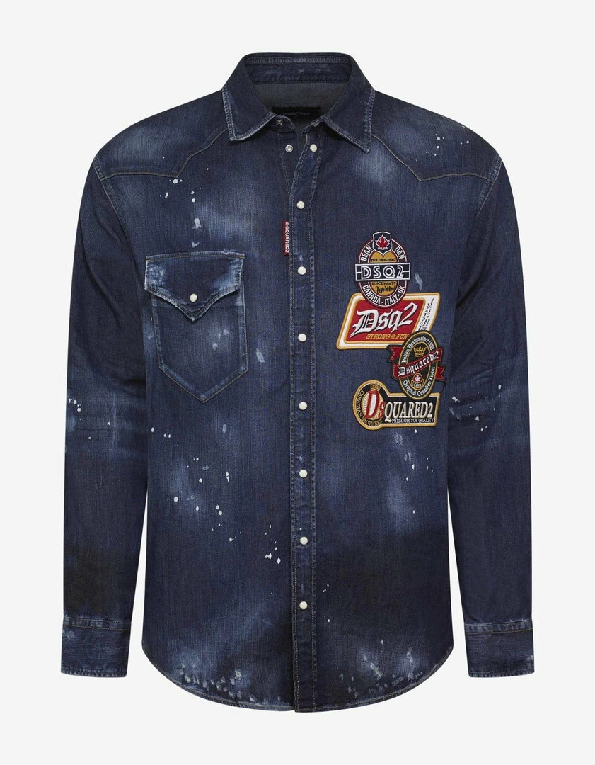 Hot Sale 🛒 Dsquared2 Clothing Distressed Denim 👕 Shirt With Badges 👍 3 Dsquared2 Clothing Distressed Denim Shirt With Badges