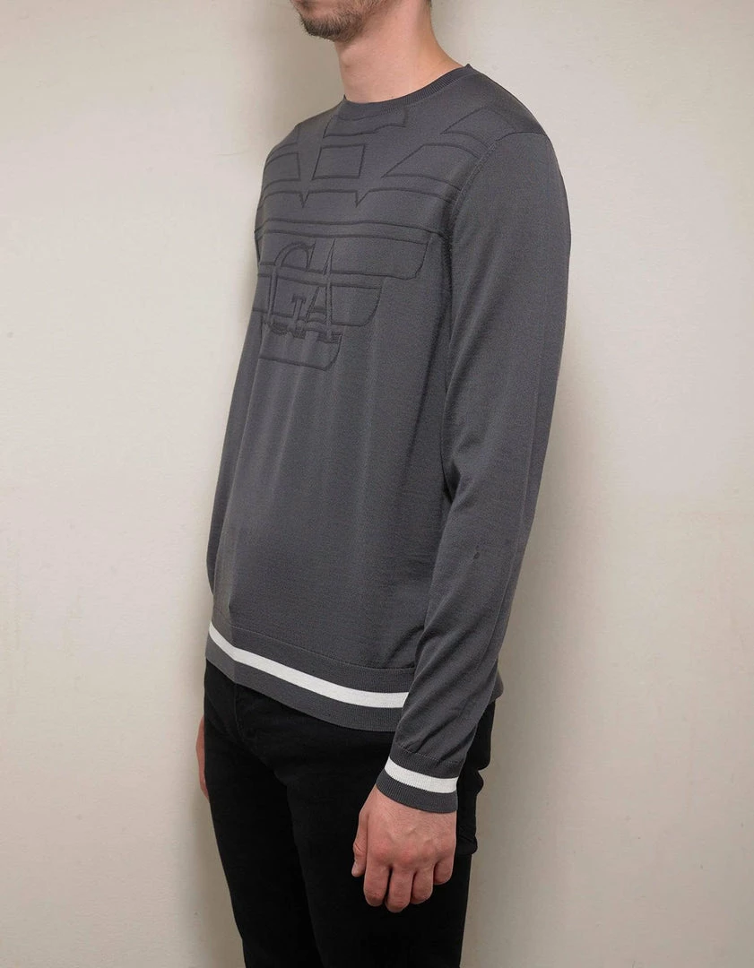 Discount 🎁 Emporio Armani Clothing Grey Logo Embossed Wool Sweater 🤩 4 Emporio Armani Clothing Grey Logo Embossed Wool Sweater