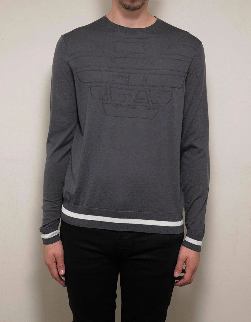 Discount 🎁 Emporio Armani Clothing Grey Logo Embossed Wool Sweater 🤩 5 Emporio Armani Clothing Grey Logo Embossed Wool Sweater