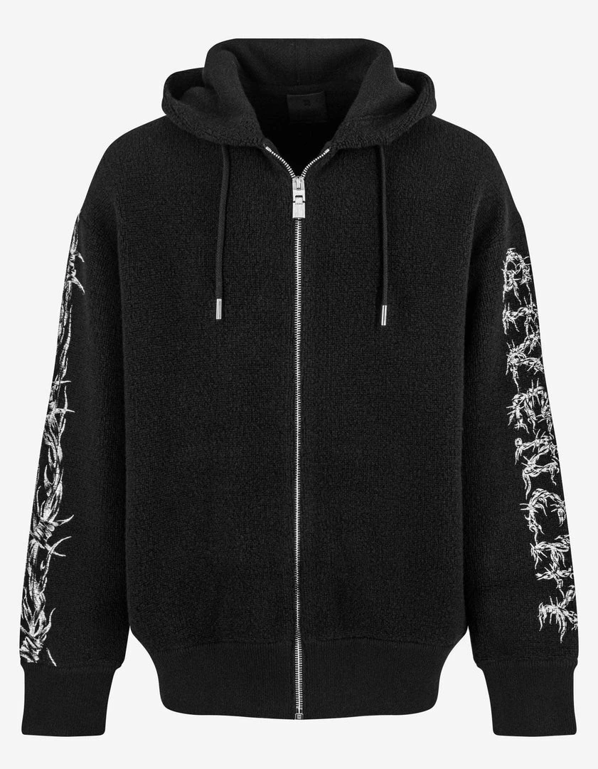 Outlet 🥰 Givenchy Black Bouclé Knit Barbed Wire Zip Hoodie 🌟 3 Givenchy Black Bouclé Knit Barbed Wire Zip Hoodie