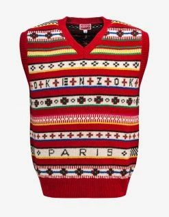 Kenzo Red Fair Isle Jacquard Sleeveless Jumper