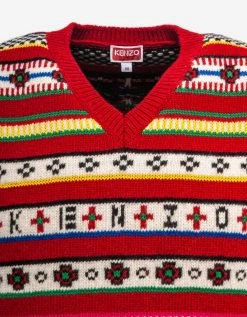 Kenzo Red Fair Isle Jacquard Sleeveless Jumper