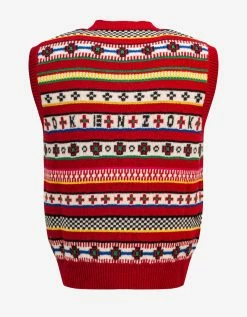 Kenzo Red Fair Isle Jacquard Sleeveless Jumper