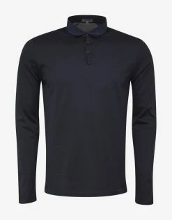 Lanvin Clothing Navy Blue Grosgrain Collar Long Sleeve Polo T-Shirt