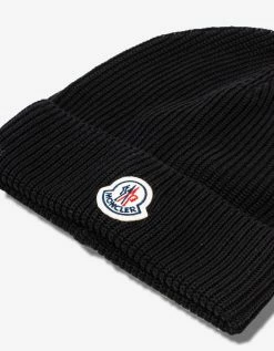 Best Sale ⌛ Moncler Black Ribbed Logo Beanie Hat 💯 7 Moncler Black Ribbed Logo Beanie Hat