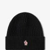 Moncler Grenoble Black Ribbed Wool Logo Beanie Hat