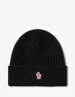Deals Zoofashions Store 45 Moncler Grenoble Black Ribbed Wool Logo Beanie Hat