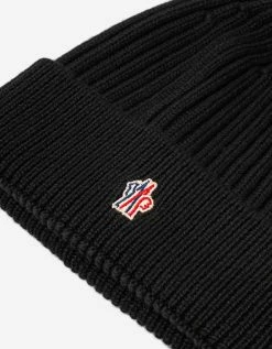 Moncler Grenoble Black Ribbed Wool Logo Beanie Hat