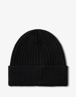 Moncler Grenoble Black Ribbed Wool Logo Beanie Hat
