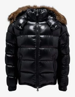 Moncler Maya Fur Black Nylon Down Jacket Clothing