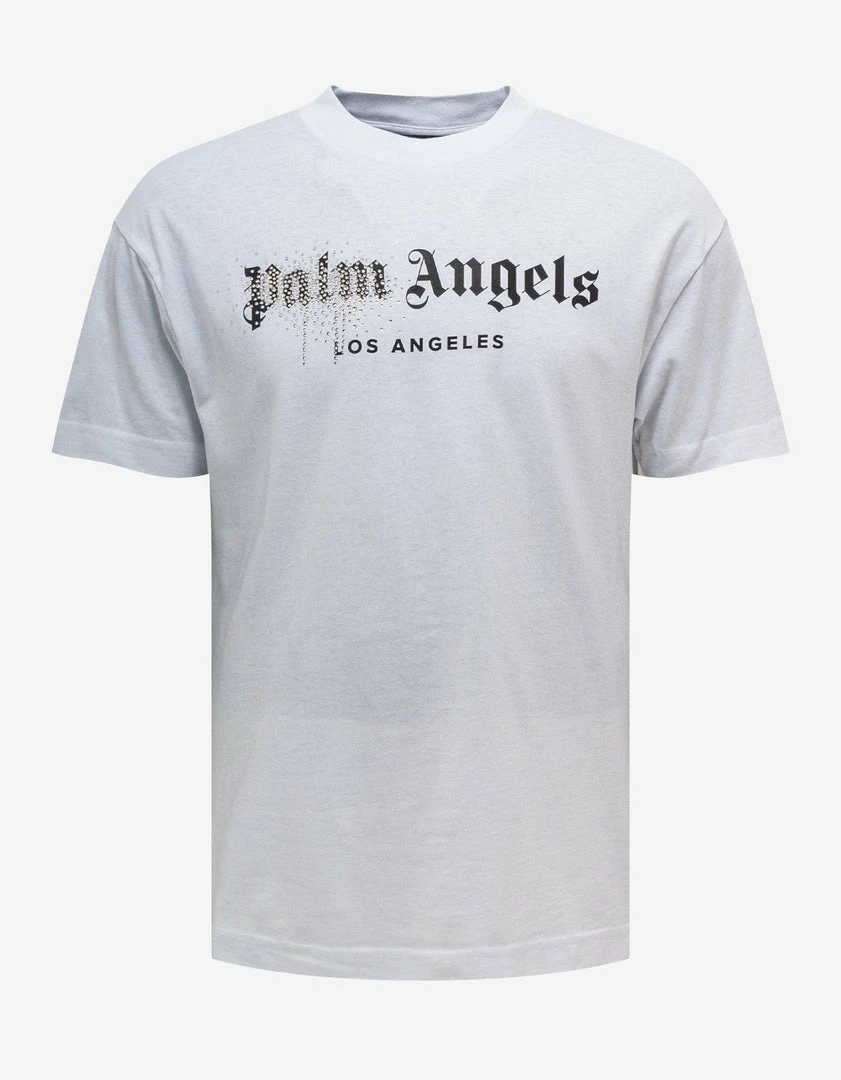Cheapest ๐ Palm Angels White Rhinestone Sprayed Logo T-Shirt Clothing ๐คฉ 3 Palm Angels White Rhinestone Sprayed Logo T-Shirt Clothing
