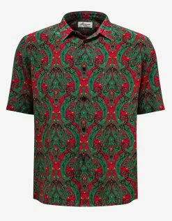 Saint Laurent Green & Red Paisley Print Short Sleeve Shirt Shirts