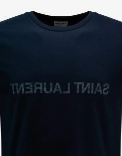 Saint Laurent Navy Blue Reverse Logo Print T-Shirt Clothing