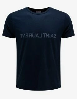 Saint Laurent Navy Blue Reverse Logo Print T-Shirt Clothing
