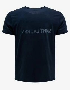 Saint Laurent Navy Blue Reverse Logo Print T-Shirt Clothing