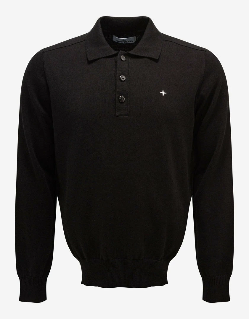 Promo π Stone Island Black Logo Knitted Long Sleeve Polo β 3 Stone Island Black Logo Knitted Long Sleeve Polo