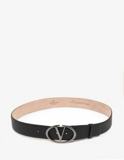 Valentino Garavani Black 'V' Buckle Grain Leather Belt
