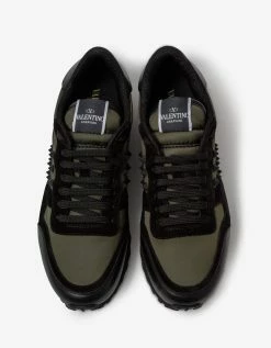 Valentino Garavani Khaki Textile Rockstud Rockrunner Trainers