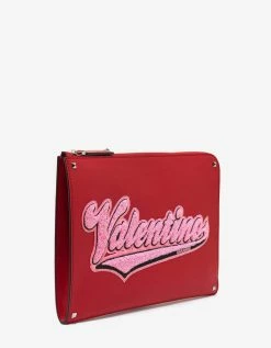 Valentino Garavani Red Leather Varsity Logo Document Holder