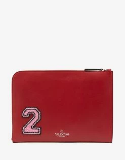 Valentino Garavani Red Leather Varsity Logo Document Holder