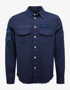 Valentino Clothing Navy Blue Beaded Military Shirt
