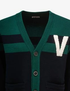 Valentino Clothing Navy Blue & Green V Logo Patch Cardigan