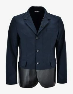 Valentino Navy Blue Jacket With Leather Panel Clothing
