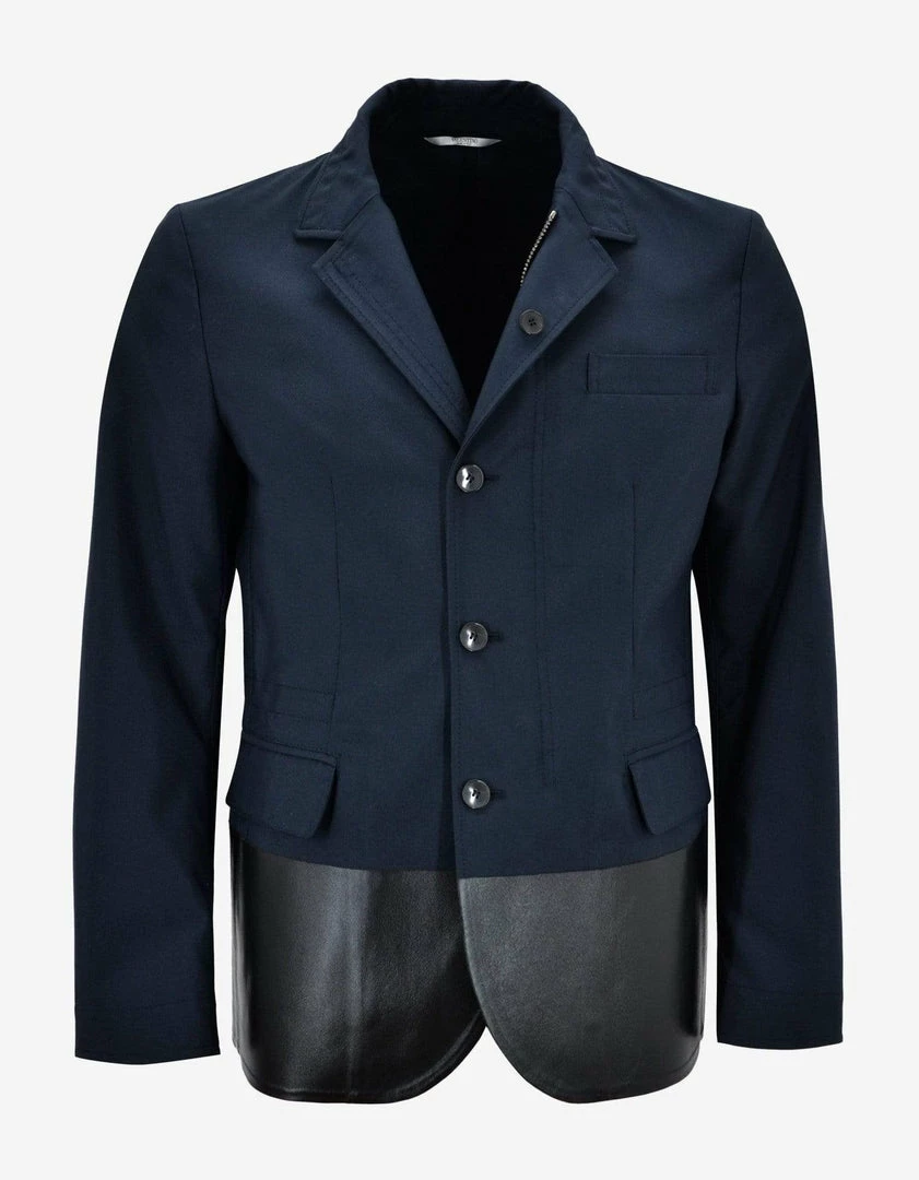 Coupon 🤩 Valentino Navy Blue Jacket With Leather Panel Clothing ❤️ 3 Valentino Navy Blue Jacket With Leather Panel Clothing