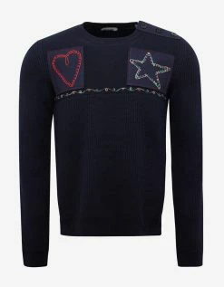 Valentino Navy Blue Marine Embroidered Wool Sweater Clothing