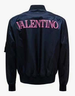 Valentino Navy Blue Neon Universe Logo Bomber Jacket