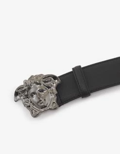 Versace Black Grain Leather Gunmetal Medusa Buckle Belt Accessories