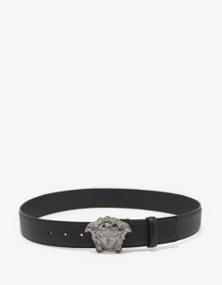 Versace Black Grain Leather Gunmetal Medusa Buckle Belt Accessories