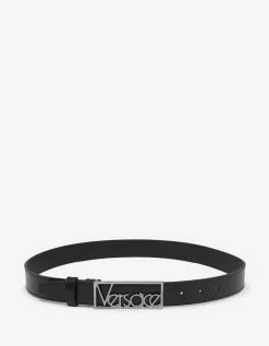 Versace Black Leather Belt With Silver Vintage Logo Buckle