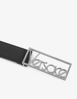 Versace Black Leather Belt With Silver Vintage Logo Buckle