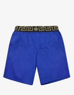 Versace Gym Blue Greek Key Long Swim Shorts Clothing