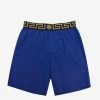 Versace Gym Clothing Blue Greek Pattern Long Swim Shorts