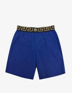 Versace Gym Clothing Blue Greek Pattern Long Swim Shorts