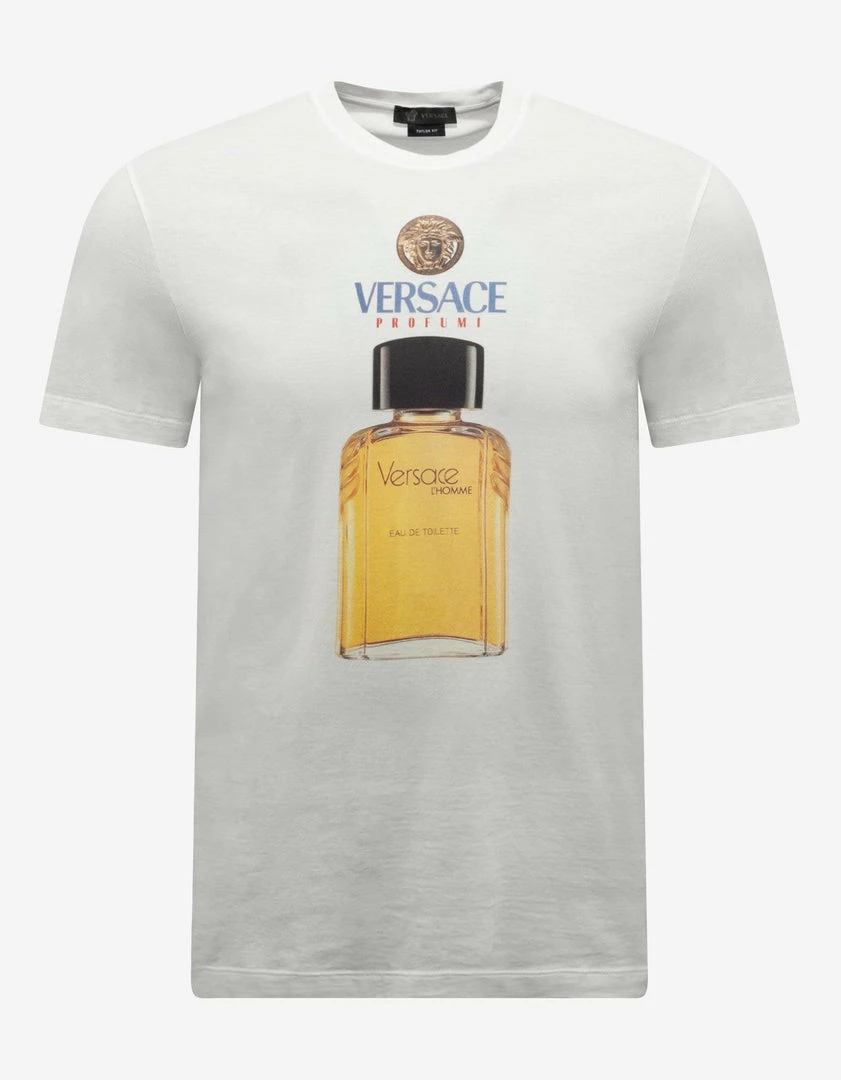 Promo ❤️ Versace Clothing White Perfume Bottle Print T-Shirt 🥰 3 Versace Clothing White Perfume Bottle Print T-Shirt