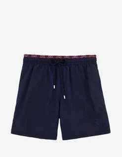 Vilebrequin Navy Blue Anchor Print Trim Moloka Swim Shorts Clothing